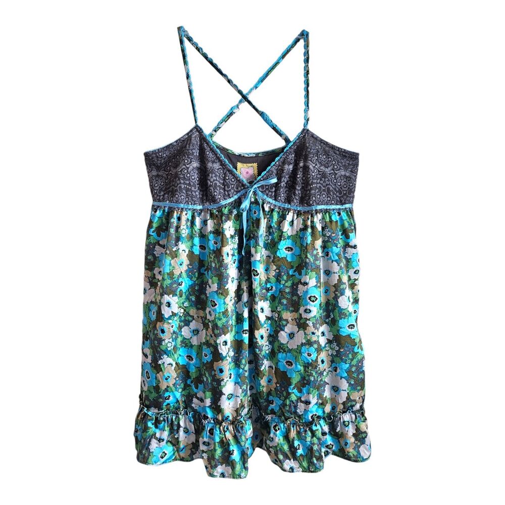 Free People Teal Blue Floral Cami with Lace Yoke